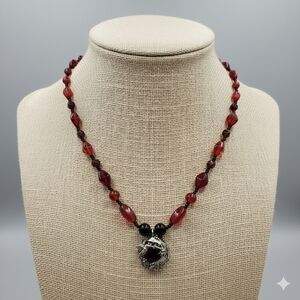 Vintage Whimsigoth Hummingbird Necklace Red Black Beaded Goth Fairycore Jewelry